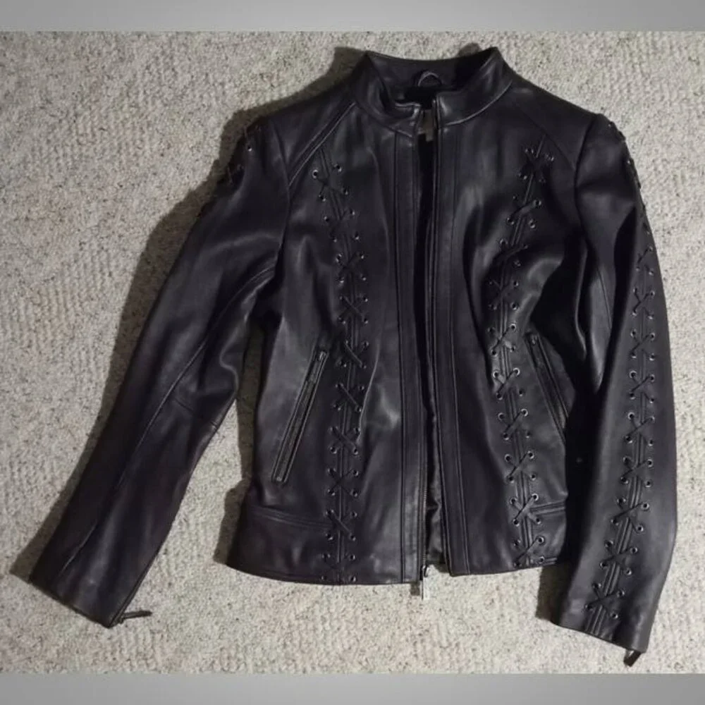 stunning! Michael Kors purple LEATHER jacket Coat size medium moto style